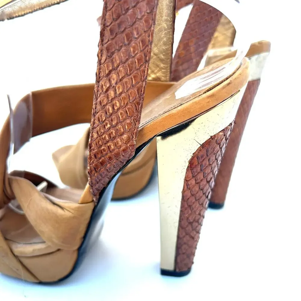 Barbara Bui Snake Ankle Strap Platform Heels Pumps Leather Tan 6 Size 36